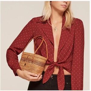 Reformation Blouse Tie Front Long Sleeve Polka Dot XS